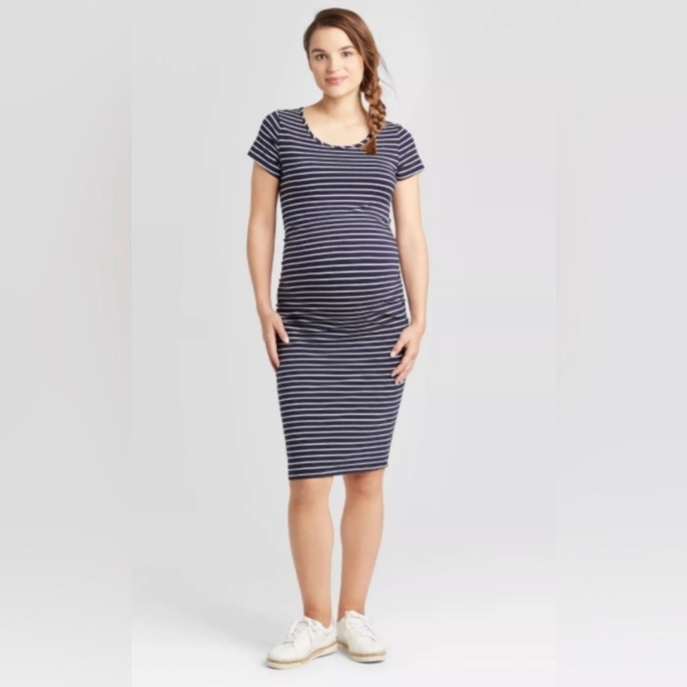 Ingrid & Isabel Maternity Navy White Stripe‎ Ruched Side Midi Dress Size M